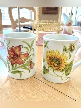 2 Floral Porcelain Mugs Sunflower and Tiger Lily Design